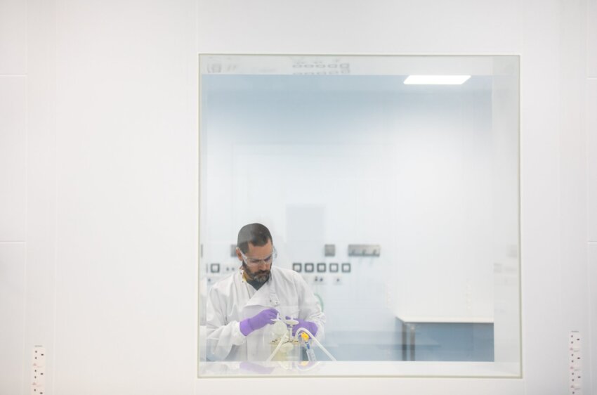 View of research working in a cleanroom in the GTIMC